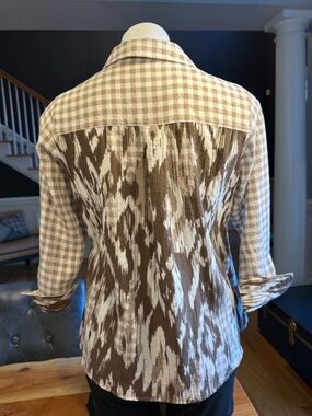 Cottagecore Minimalist Gingham Button Up Blouse Tan (VGUC):‎ Petite Small
